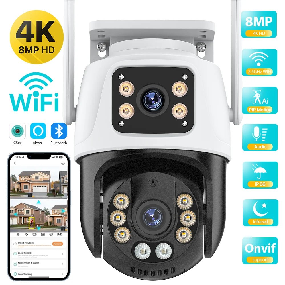 Caméra Wifi 360º à double objectif IP66 Protection de sécurité 8MP 4K Caméra de surveillance vidéo PTZ sans fil à détection humaine extérieure ICSEE