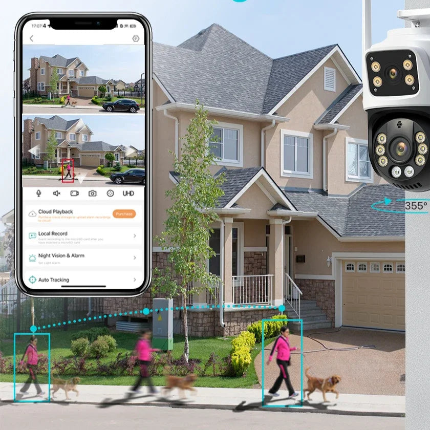 Caméra Wifi 360º à double objectif IP66 Protection de sécurité 8MP 4K Caméra de surveillance vidéo PTZ sans fil à détection humaine extérieure ICSEE